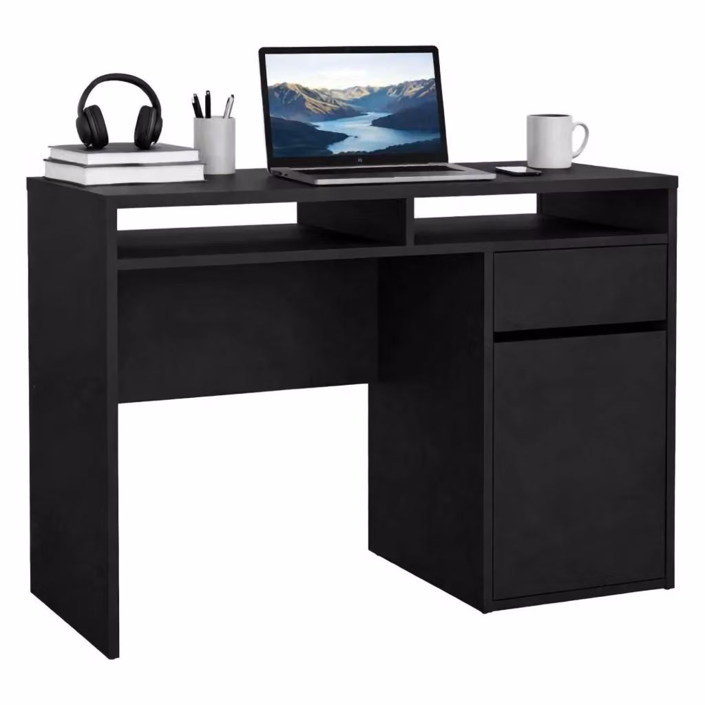 Scrivania DMORA moderna per ufficio e casa, tavolo porta PC nero, L 110 cm x P 48 cm x H 77 cm – 2