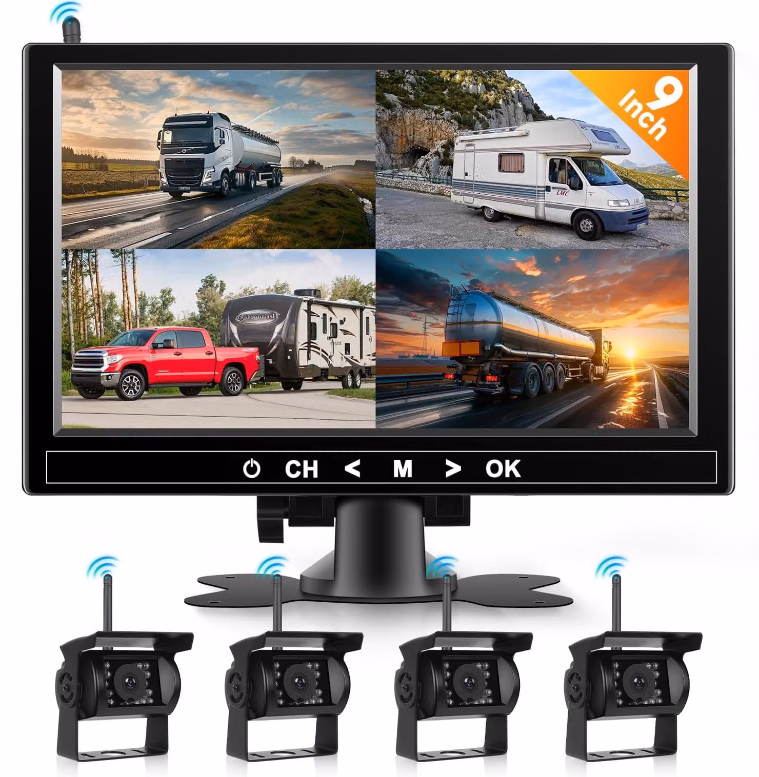 Kit telecamera per retromarcia wireless, 4 telecamere, monitor da 9 pollici, 12V, visione notturna, grado di protezione IP68
