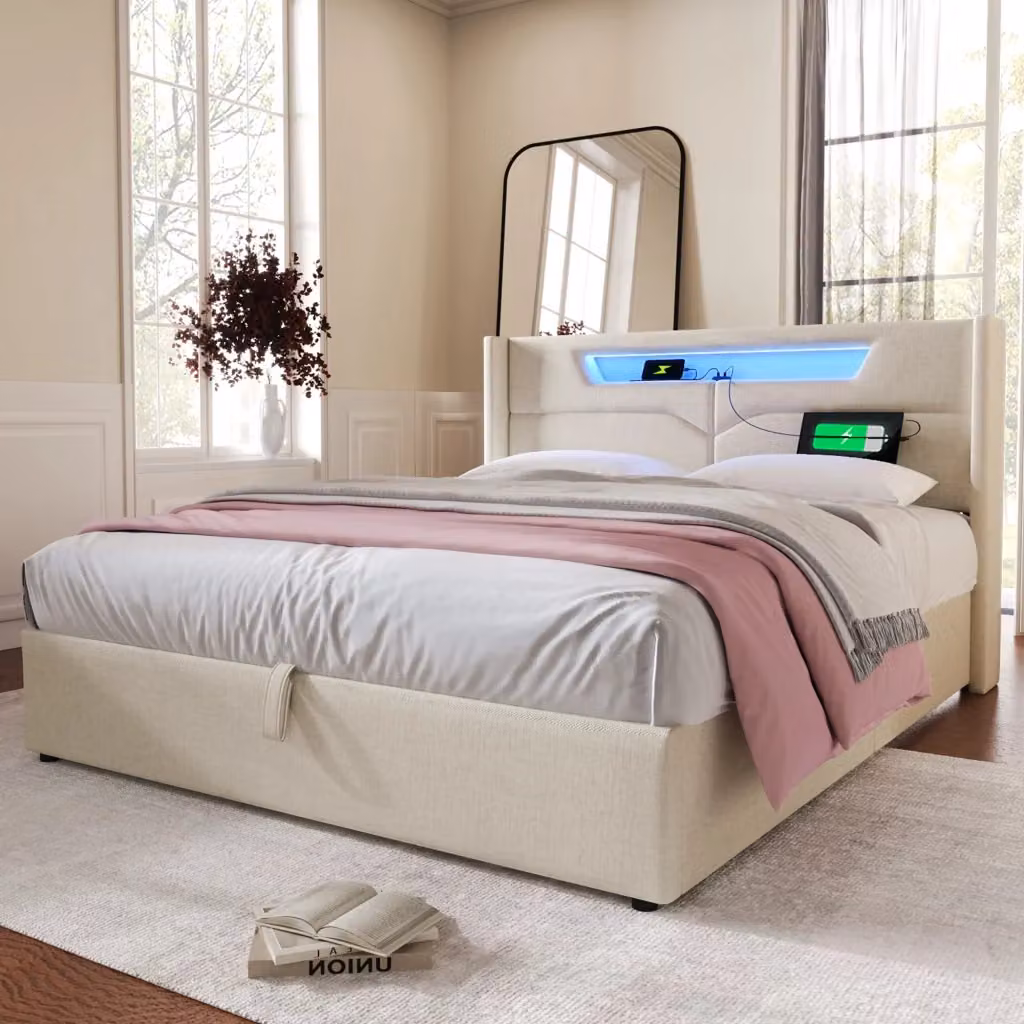 Letto Matrimoniale Contenitore Moderno Beige con USB, Tipo C e Illuminazione LED, L/P/H: 140 x 200 x 148 cm – 2