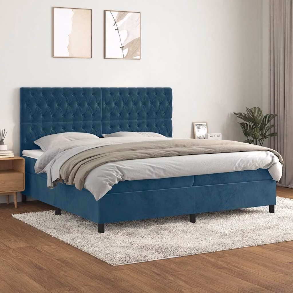 Letto Ibrido vidaXL con Giroletto a Molle e Materasso a Tasche in Velluto Blu Scuro, L/P/H: 200 x 200 x 128 cm