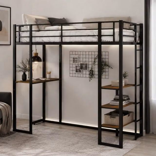 Letto a soppalco in ferro con scrivania e scale su entrambi i lati; nero; 200×107×180 cm