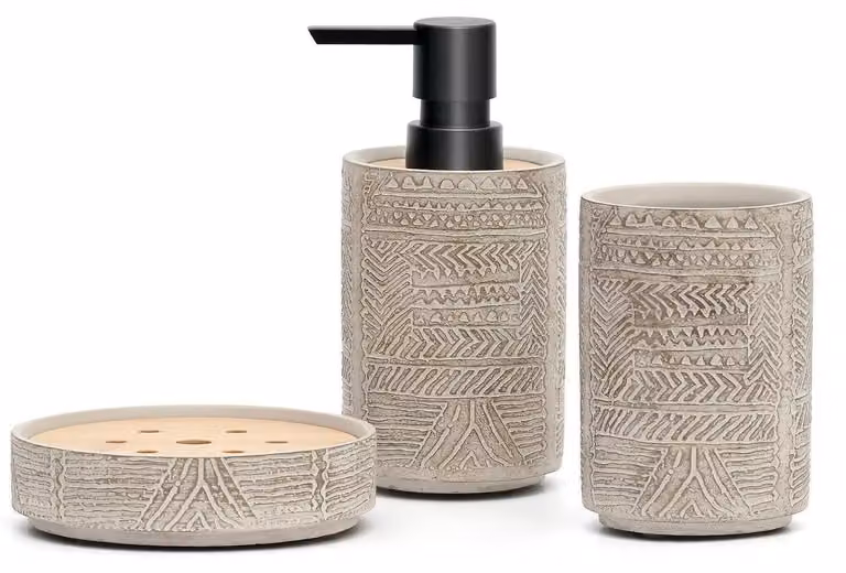 Set di accessori da bagno, 3 pezzi, grigio, con motivo a rilievo in cemento e bambù