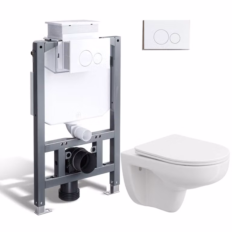 HOROW Set completo per WC 82 cm elemento da incasso a parete + WC a parete + placca di spinta rotonda bianca
