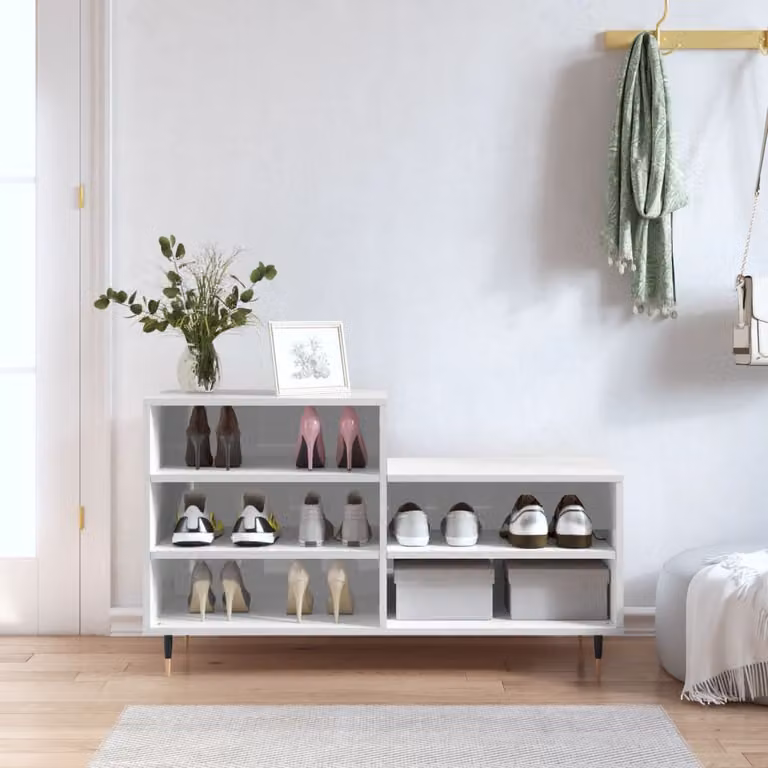 Scarpiera moderna vidaXL Bianco Lucido in legno e metallo, L: 102 cm, P: 36 cm, H: 60 cm