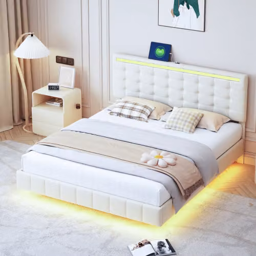 Letto imbottito CDGlobal 160 x 200 cm, struttura letto imbottita galleggiante con luci LED e testiera design, letto matrimoniale piatto, letto per ospiti in lino skin-friendly, beige