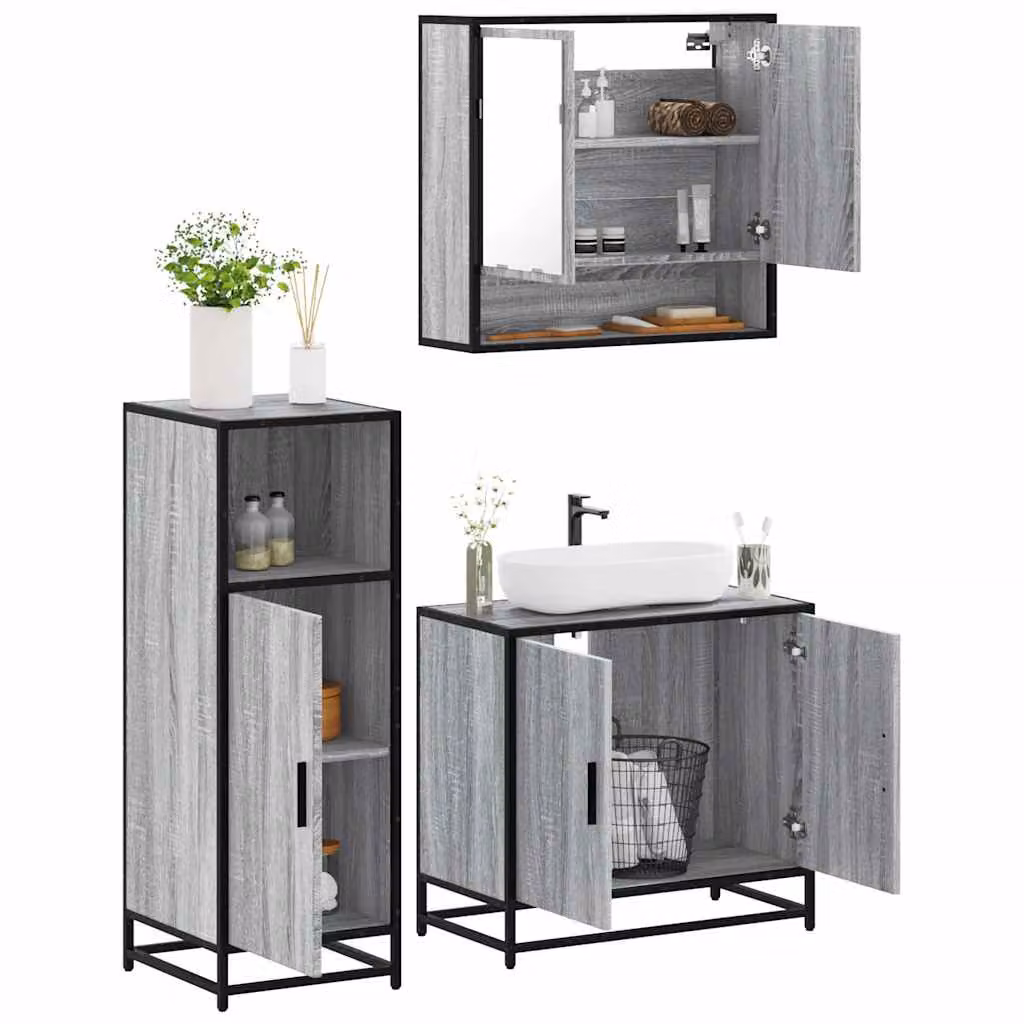 Set di mobili da bagno industrial vidaXL in 3 pezzi colore grigio con legno, metallo e vetro, comprensivo di mobile lavabo, armadietto con specchio e mobile laterale