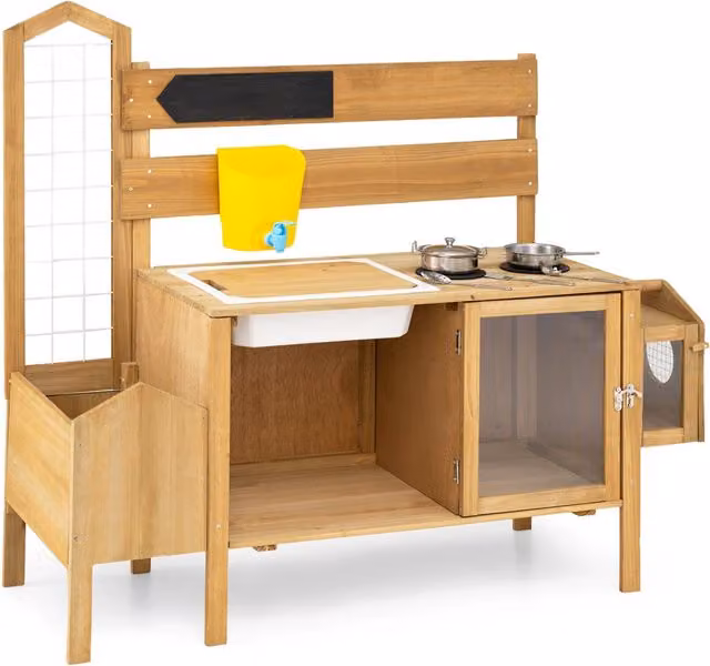 Cucina giocattolo in legno per bambini con lavello e fioriera, cucina da fango interattiva marrone per bambini dai 3 anni in su