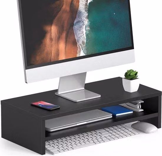 Supporto in legno a due livelli per monitor e laptop, ideale per computer, altezza 54 cm, colore nero, con ripiano portaoggetti, organizzatore per ufficio