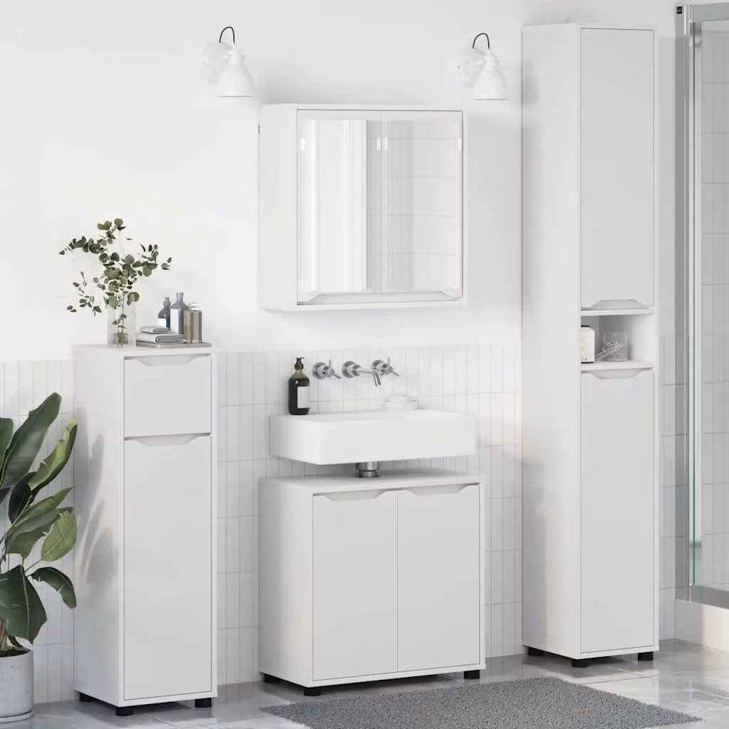 Set di mobili per il bagno moderno vidaXL in bianco composto da mobile lavabo, armadietto con specchio e pensili in legno e MDF