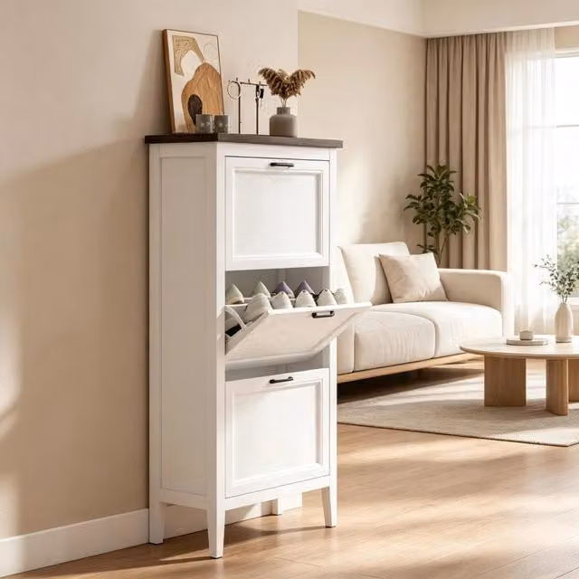 Scarpiera stretta REDOM in MDF laccato bianco con scomparti basculanti L: 60 cm, P: 26,5 cm, H: 133,7 cm