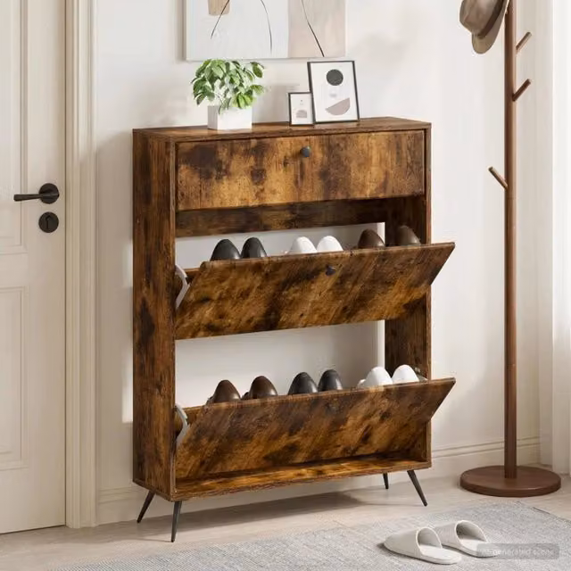 Mobile porta scarpe moderno vidaXL in MDF e metallo, colore rovere marrone e nero, L 78 x P 24 x H 103 cm – 1
