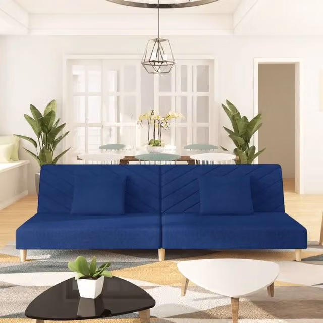 Divano Letto Click-Clack vidaXL in Tessuto Blu con 2 Cuscini, Struttura in Legno Solido, L/P/H: 200 x 100 x 69 cm – 1