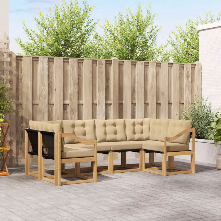 Set di divani da esterno vidaXL a forma di L composto da 6 pezzi in legno di acacia con cuscini in bianco e beige
