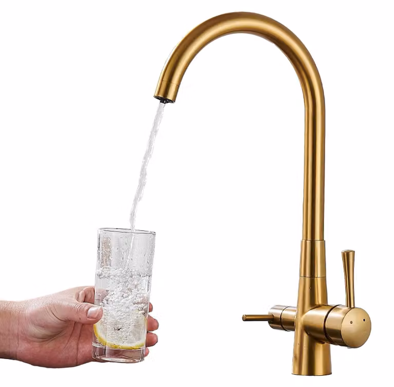 Rubinetto da cucina con filtro dell'acqua, girevole a 360°, miscelatore per acqua calda/fredda, finitura dorata
