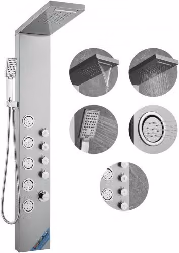 VEVOR Sistema Torre Doccia in Acciaio Inox Cromato con Soffione a Pioggia, Funzione Massaggio e Doccino a Mano, Colore Argento, H: 134,5 cm