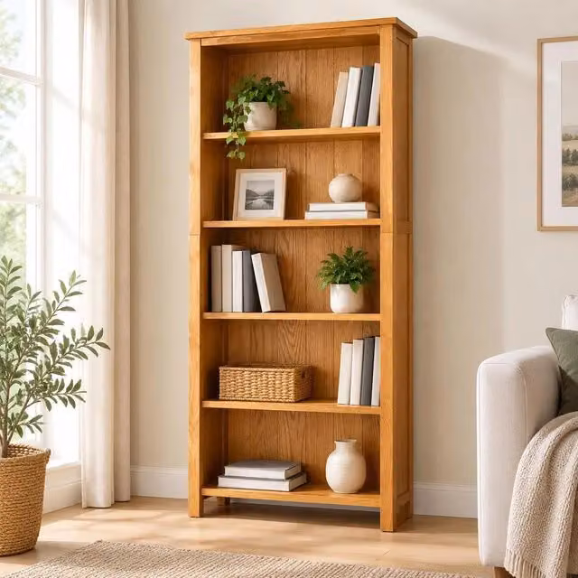 Bookshelf With 5 Compartments, 70x22x140 Cm, Solid Oak Wood