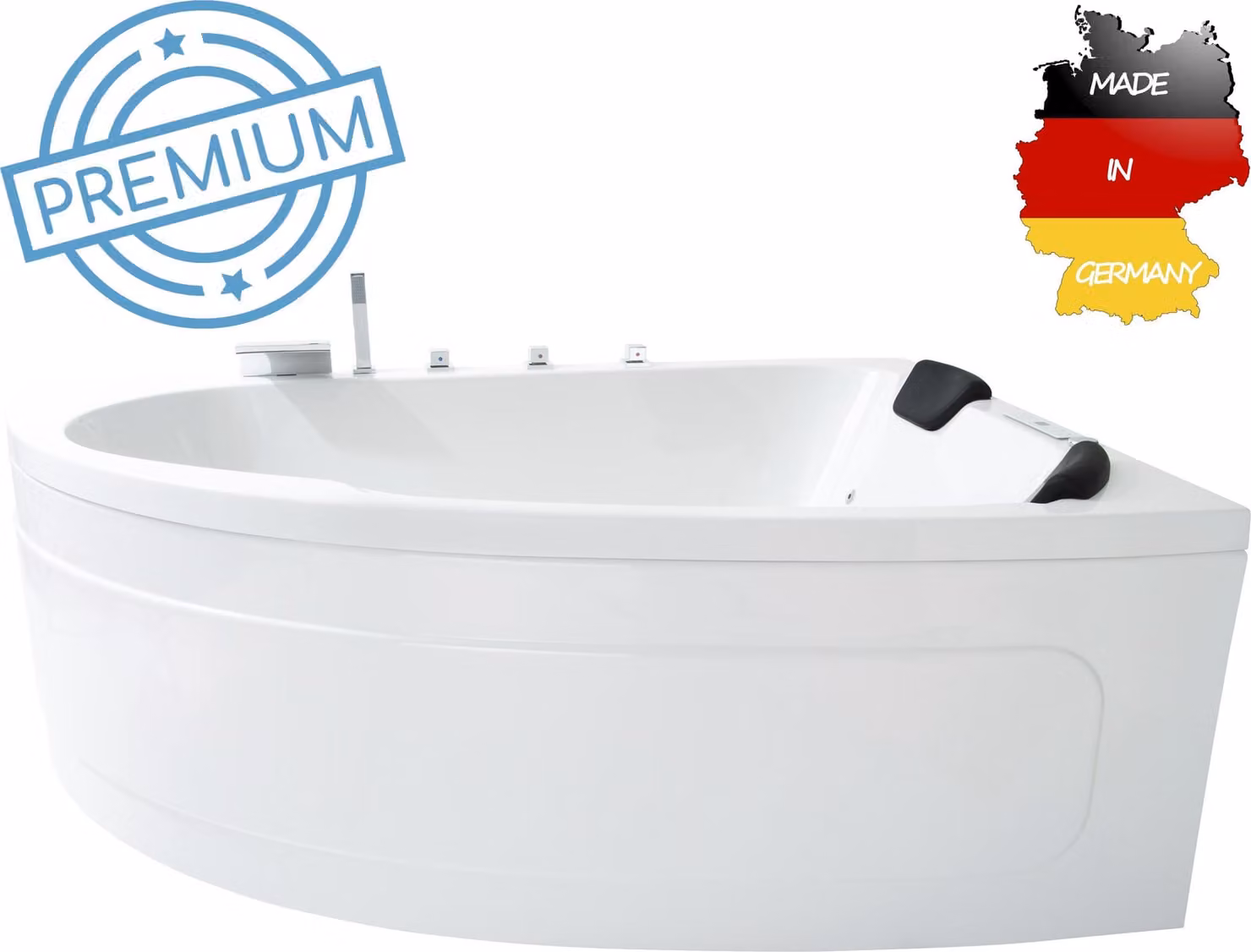 Vasca idromassaggio angolare per interni Basera PREMIUM Guam destra 180 x 130 cm per 2 persone con 25 getti massaggianti, riscaldamento, generatore di ozono, cascata, ambiente LED, touch panel, Bluetooth, radio