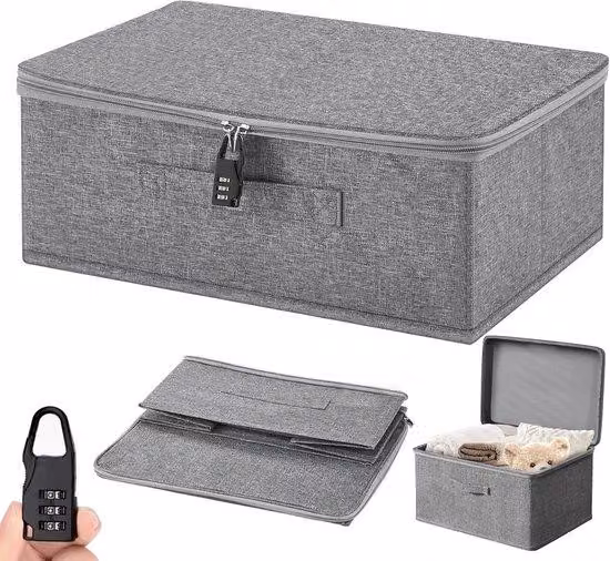 Contenitore pieghevole per guardaroba con coperchio e maniglie, serratura inclusa – Contenitore in tessuto per guardaroba 30x20x14 cm – Grigio – Abiti, giocattoli, libri – Organizer per armadio – Contenitore pieghevole con coperchio