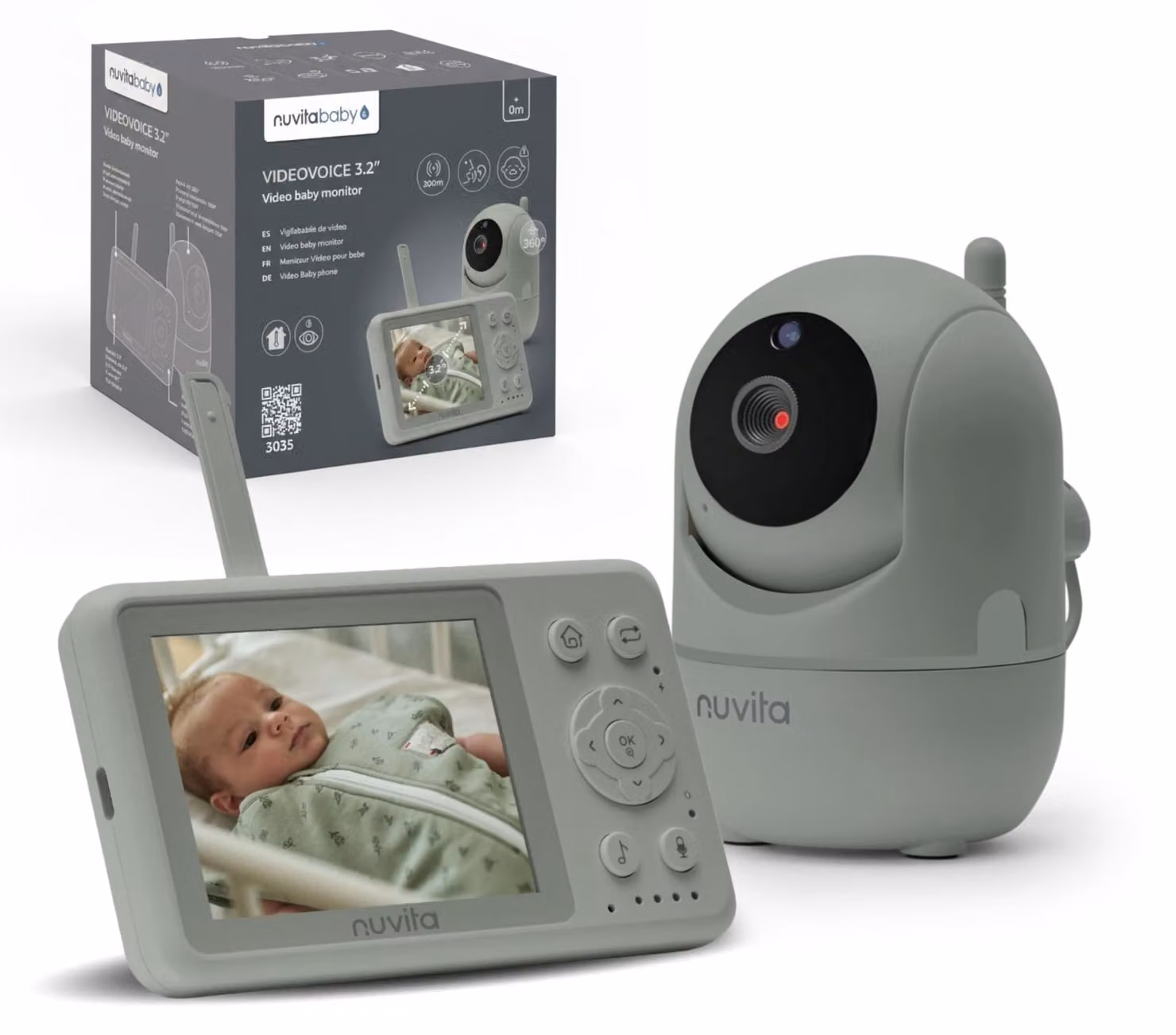 Baby monitor video Nuvita 3035 - Schermo da 3,2 pollici, telecamera HD con rotazione a 360° e inclinazione, visione notturna, audio bidirezionale