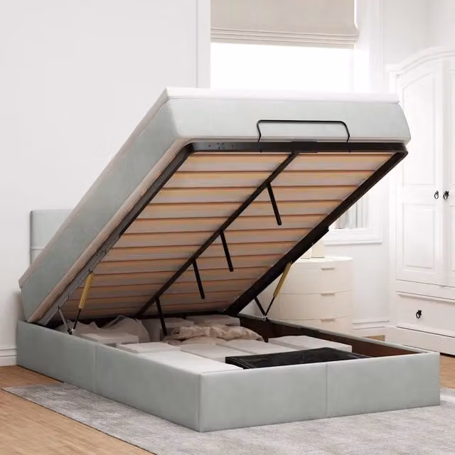 Letto con contenitore a sollevamento e materasso vidaXL in velluto grigio e bianco, L/P/H: 200 x 120 x 88 cm