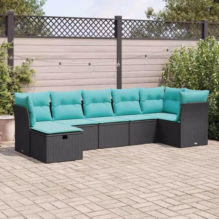 Set di divani da giardino vidaXL a forma di L con 7 pezzi, struttura in rattan e metallo, cuscini inclusi in blu e turchese