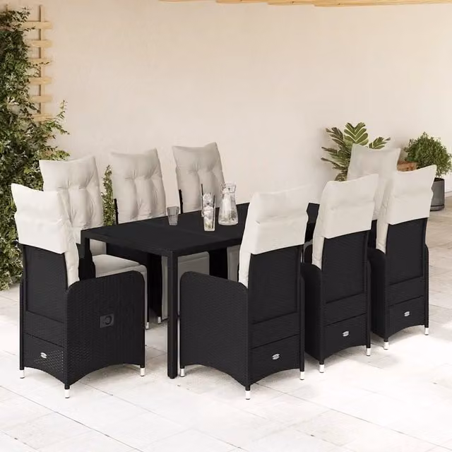 Set Bistrò da Giardino vidaXL 9 pz in Polyrattan Nero con Cuscini e Piano in Vetro – 1
