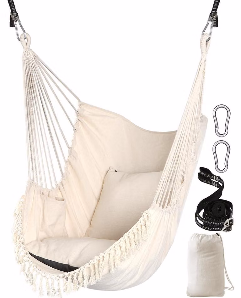Sedia a dondolo con 2 cuscini, tessuto di cotone morbido, tasca laterale, decorazioni a frangia, color crema