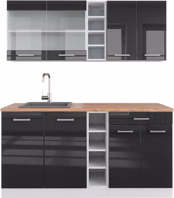 Cucina completa R-Line Antracite lucido/Bianco 160 cm, PL Rovere Vicco