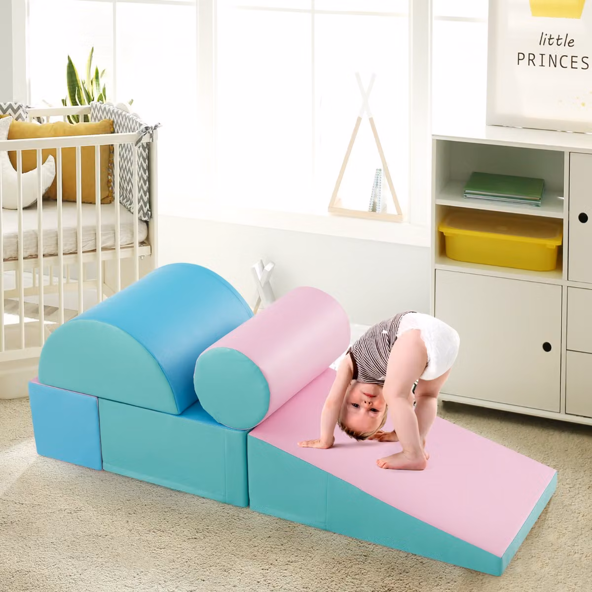 Costway Set di gioco da arrampicata per bambini in schiuma impermeabile, 5 pezzi, Verde e Rosa