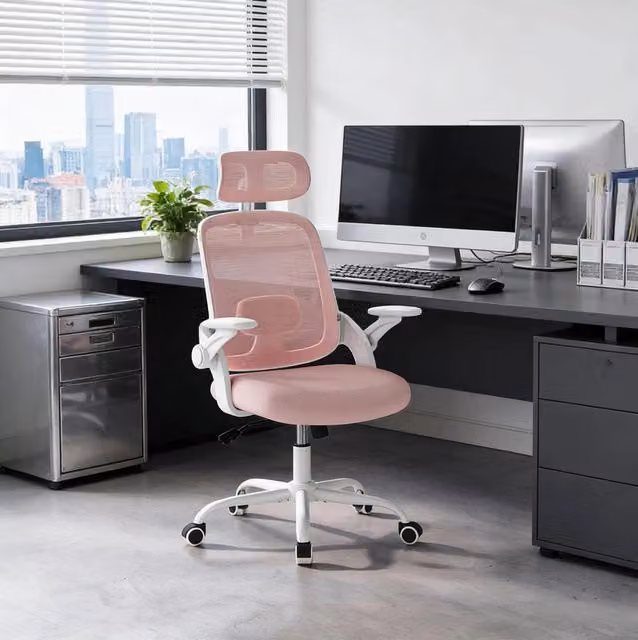 Sedia da ufficio ergonomica con schienale alto, rete traspirante e braccioli 3D regolabili, colore rosa