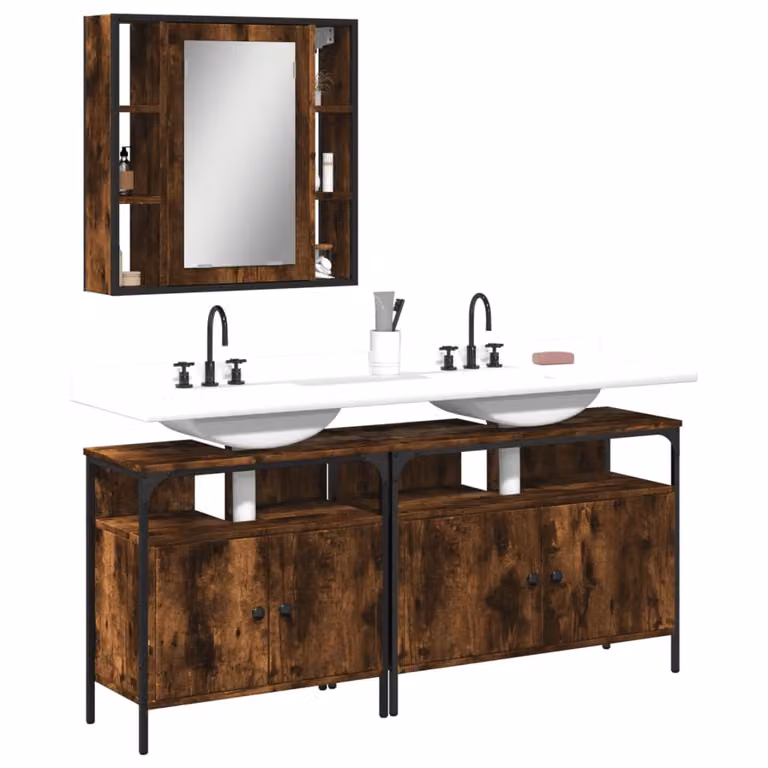 Set di mobili da bagno moderno vidaXL 3 pezzi in legno rovere marrone con illuminazione LED e specchio