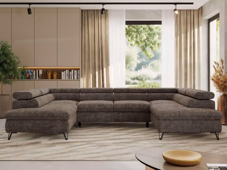 Divano angolare con funzione letto, contenitore, forma a U, poggiatesta regolabili, divano da salotto con topper Visco - PABLO U - Ciniglia grossa - Marrone