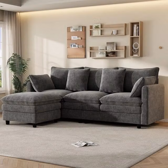 Divano angolare 3 posti con chaise longue ¨C Minimal ¨C grigio tessuto imbottito con cuscini 212x150x90 cm