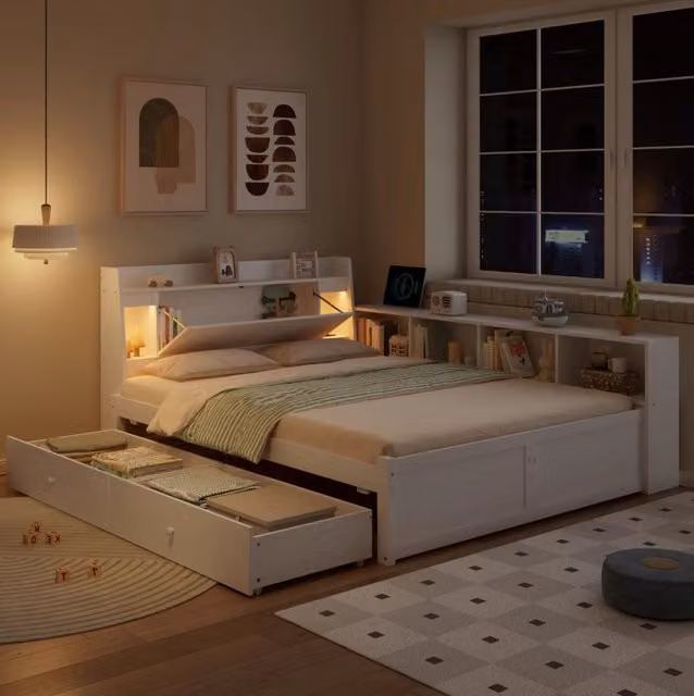 Letto matrimoniale 140x200 cm con contenitore; 2 luci e presa di ricarica bianco