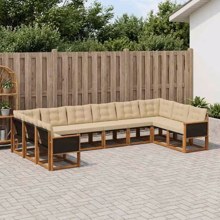 Set di divani da esterno vidaXL a forma di U composto da 10 pezzi in legno di acacia e tessuto textilene, colore beige e marrone