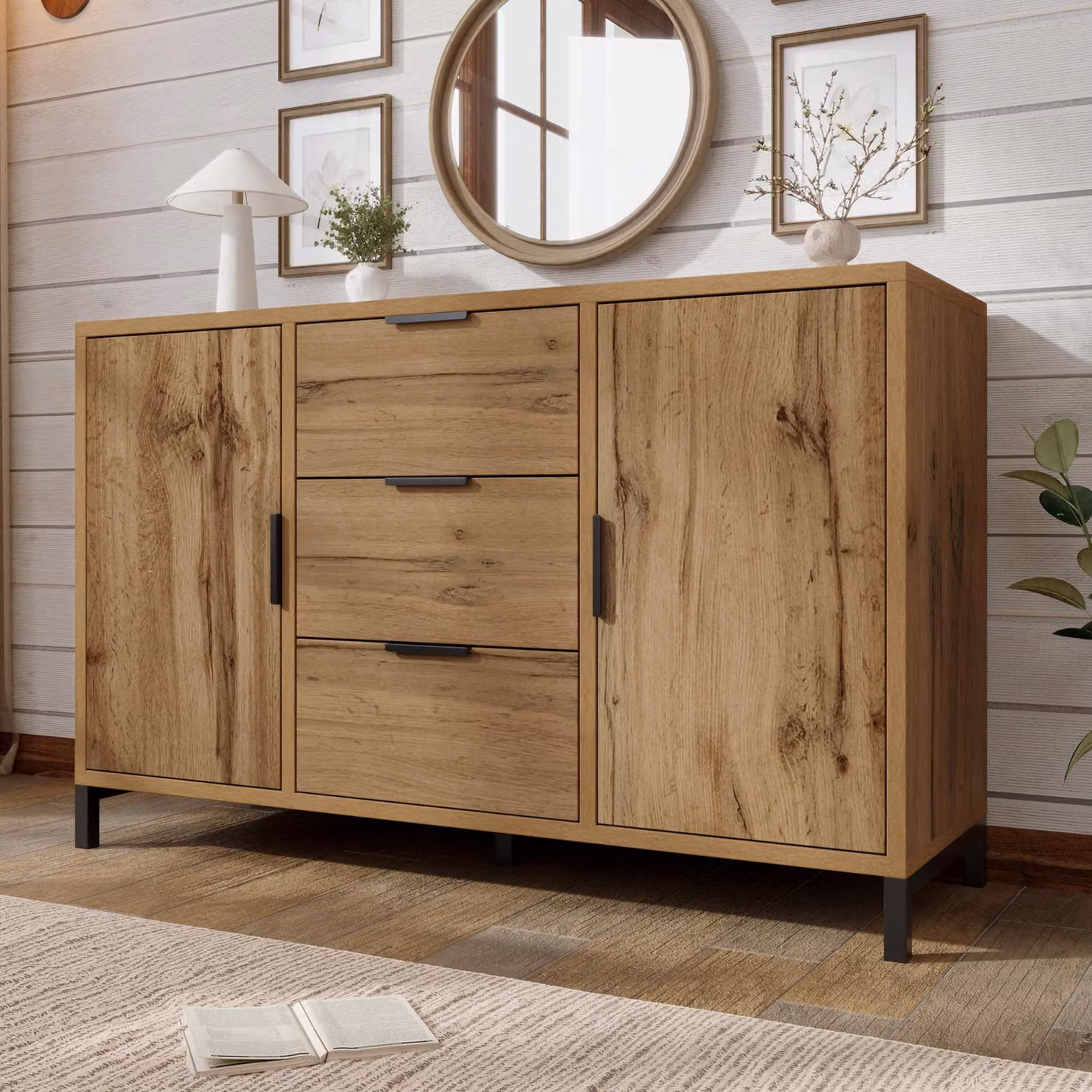 Cassettiera Flieks con 3 cassetti e 2 ante, credenza per soggiorno con gambe in metallo, cassettiera per camera da letto, corridoio, soggiorno, 120 x 40 x 76cm