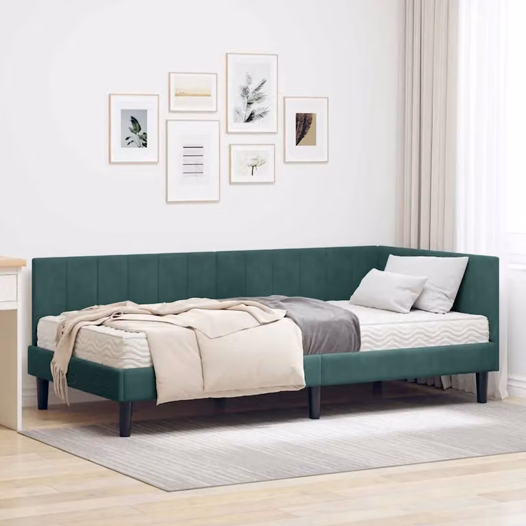 vidaXL Struttura Letto Angolare con 2 Materassi in Schiuma, Rivestimento in Velluto Verde, L/P/H: 100 x 200 x 72 cm