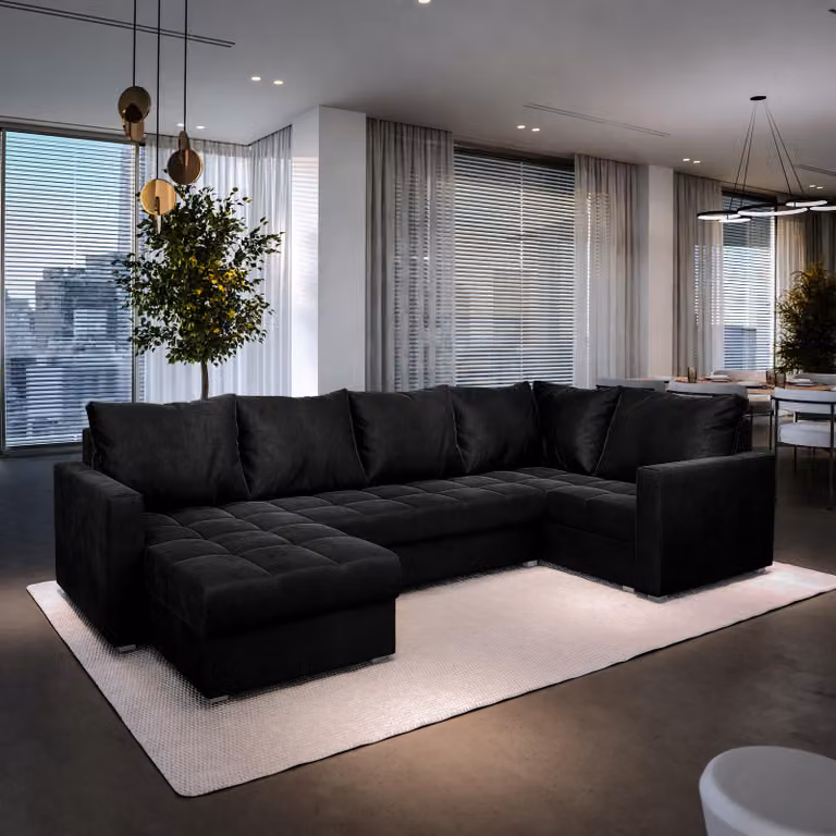 Divano angolare Masseno LORIVO R-S con funzione letto a U, divano con box letto, divano da soggiorno, divano, divano letto, set di divani - nero, KRONOS 07