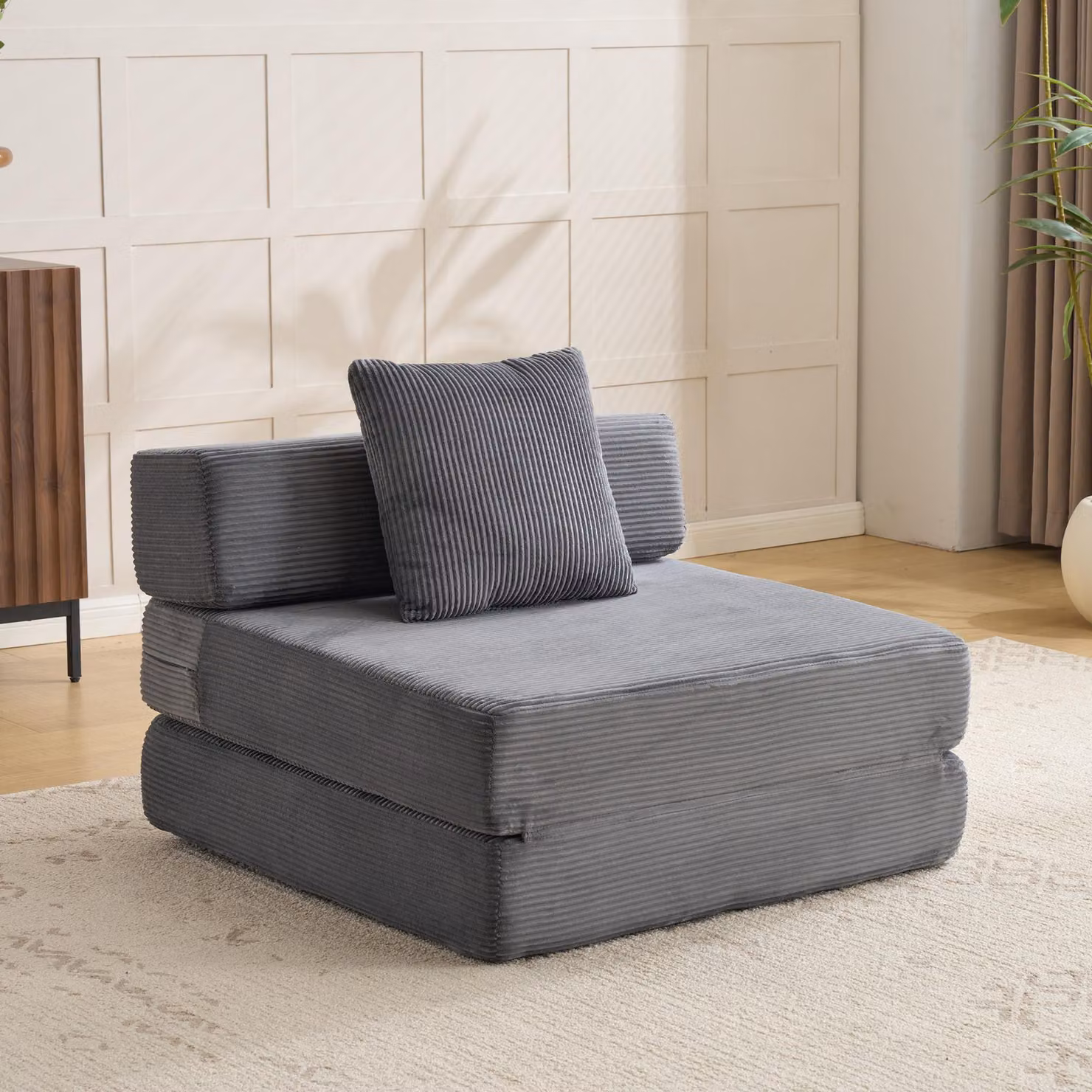 Divano a pavimento, divano componibile, trasformabile, divano letto singolo, cuscini, braccioli, tessuto corda, ideale per soggiorno/camera da letto. L3