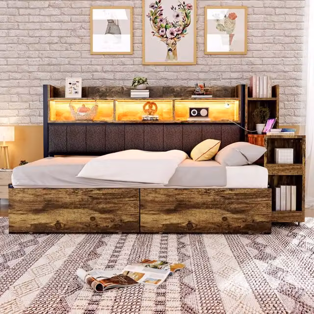 Letto multifunzione REDOM in legno e metallo con cassetti e porta USB, colore marrone, L/P/H: 241 x 114,2 x 113 cm, misura 90x200 cm