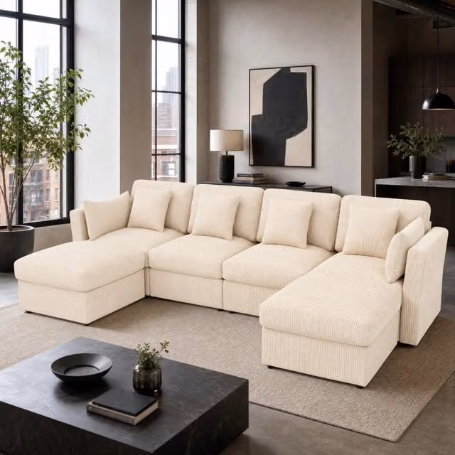 Divano angolare modulare 4-6 posti 290x159;5 cm in velluto a coste beige con 2 pouf HOMVRA