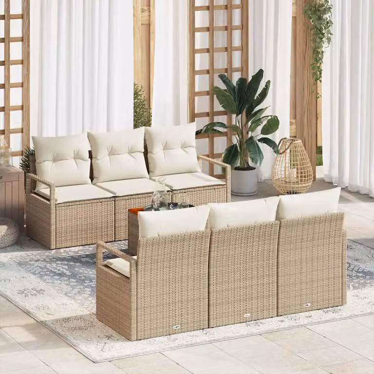 Set Divano da Giardino vidaXL 7 Pezzi Beige con Cuscini e Tavolino in Polyrattan e Acciaio