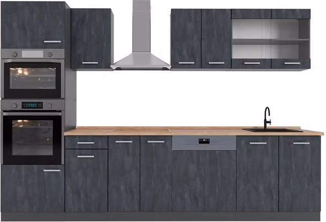 Cucina componibile moderna R-Line Vicco, Calce nera e Antracite con Rovere, L: 300 cm