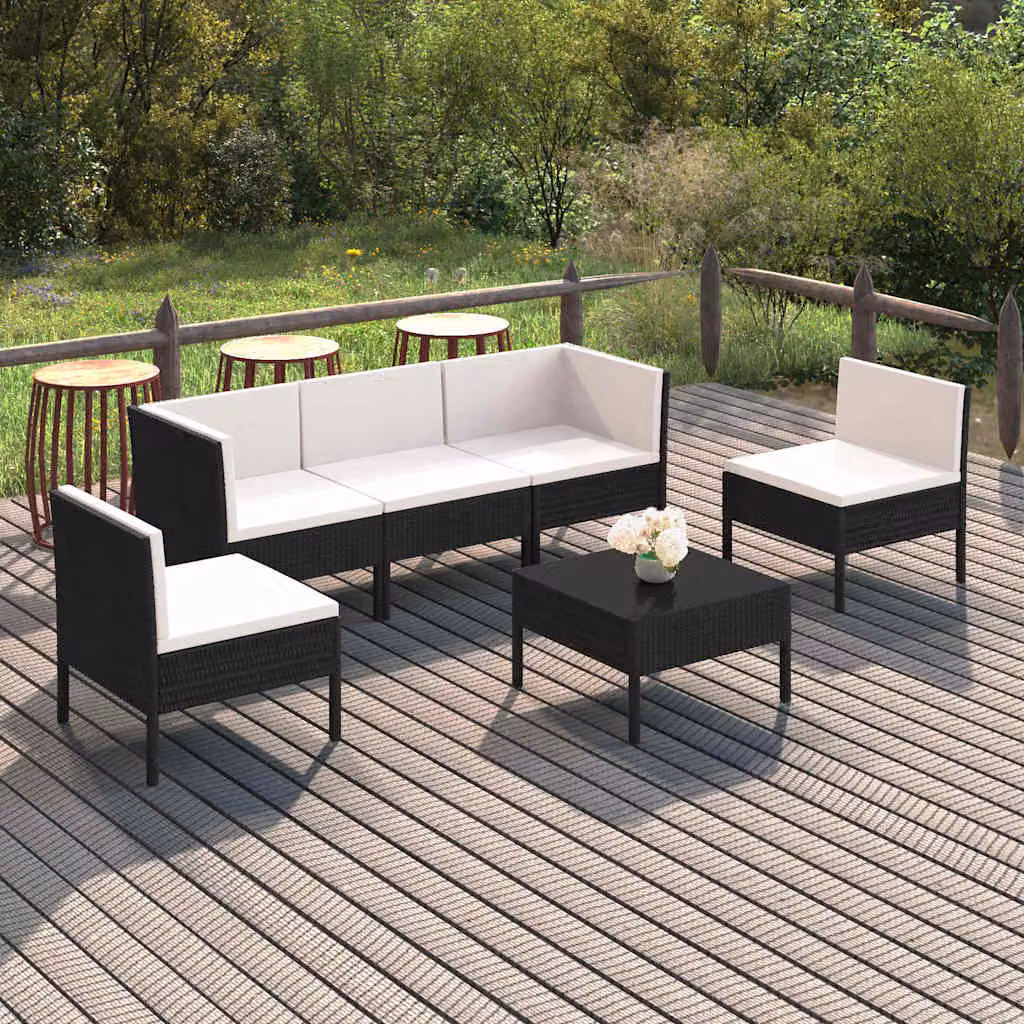 vidaXL Set Divani da Giardino a L con Tavolino da Caffè 6 pz, Polyrattan Nero e Bianco con Cuscini Rimovibili
