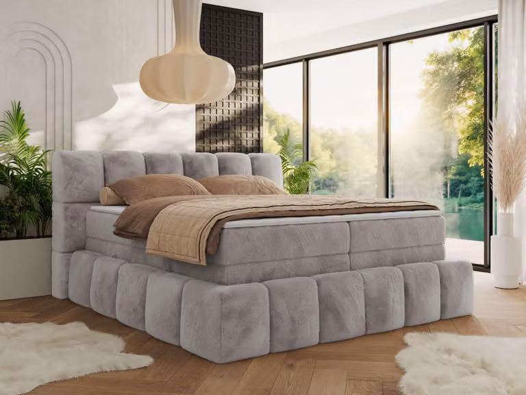 MKS MEBLE letto a molle 140 x 200 con contenitore NIRA KING, letto imbottito a 7 zone con materasso e topper multitasche, letto matrimoniale - felpato grigio chiaro - H4