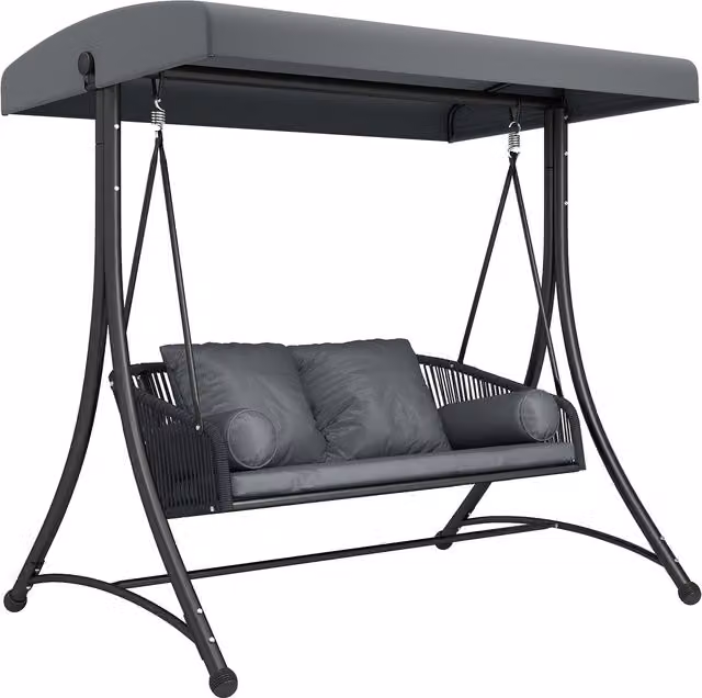 Dondolo Outsunny Stile Hollywood in Rattan per 2 Persone con Tetto Parasole Regolabile e Cuscini Morbidi, Grigio Scuro