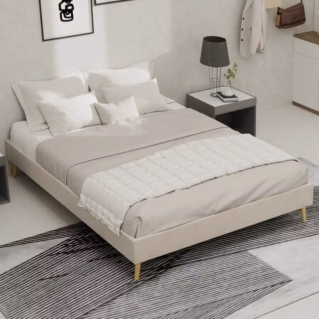 Letto singolo OKWISH moderno in tessuto e metallo beige L/P: 140 x 200 cm