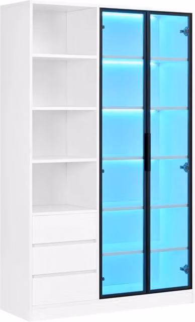 Vetrina bianca con LED integrati, 3 cassetti, 2 ante in vetro temperato, mobile da soggiorno 100x35x160 cm