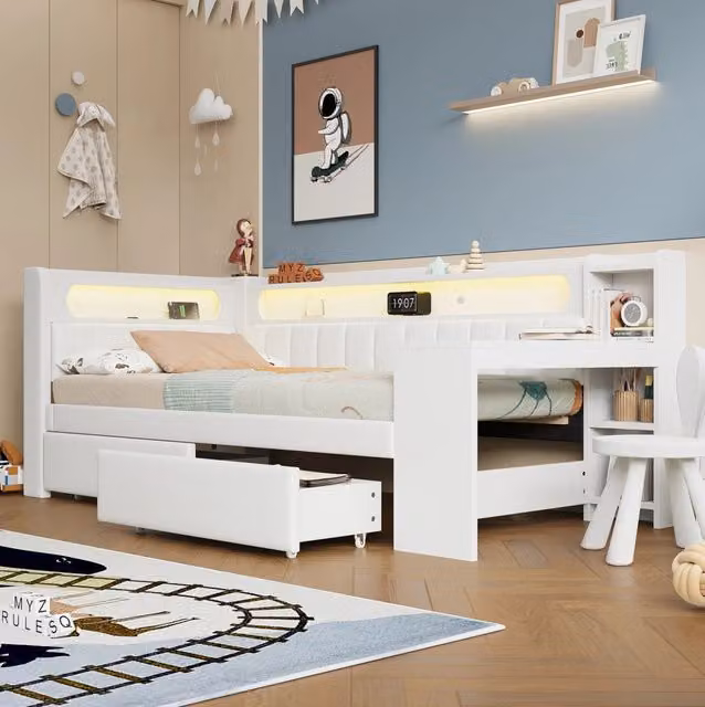 Letto daybed 90x200 cm con USB; LED; scrivania e 2 cassetti in MDF; multistrato e imbottito bianco