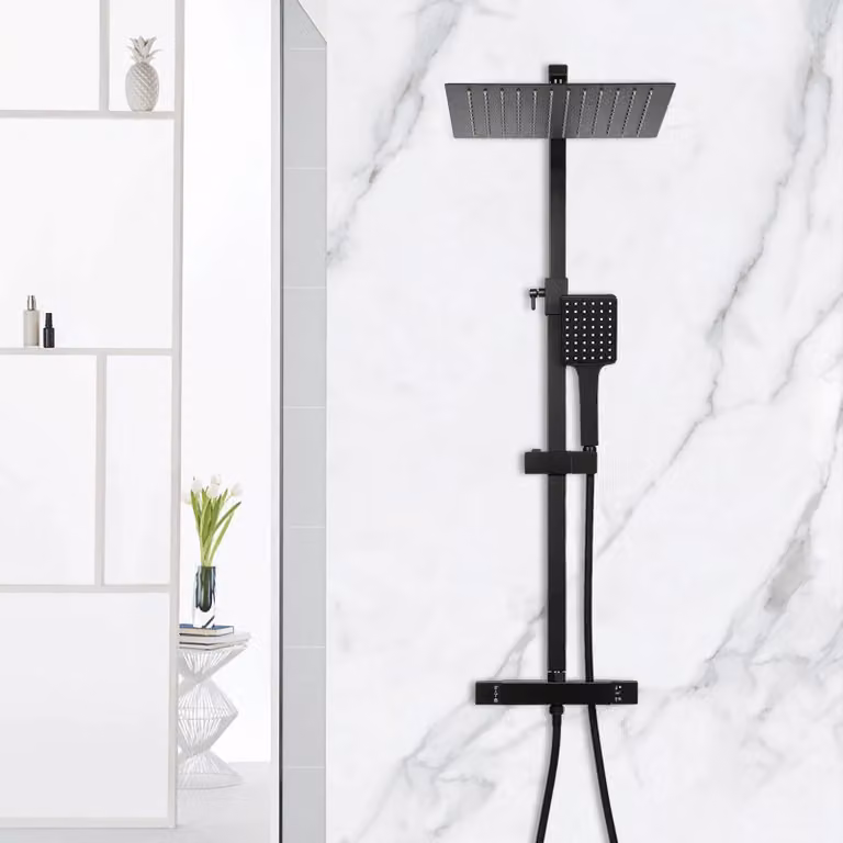 Set doccia termostatico - Sistema doccia - Altezza regolabile - Soffione quadrato - Acciaio inox - Doccetta estensibile - Nero